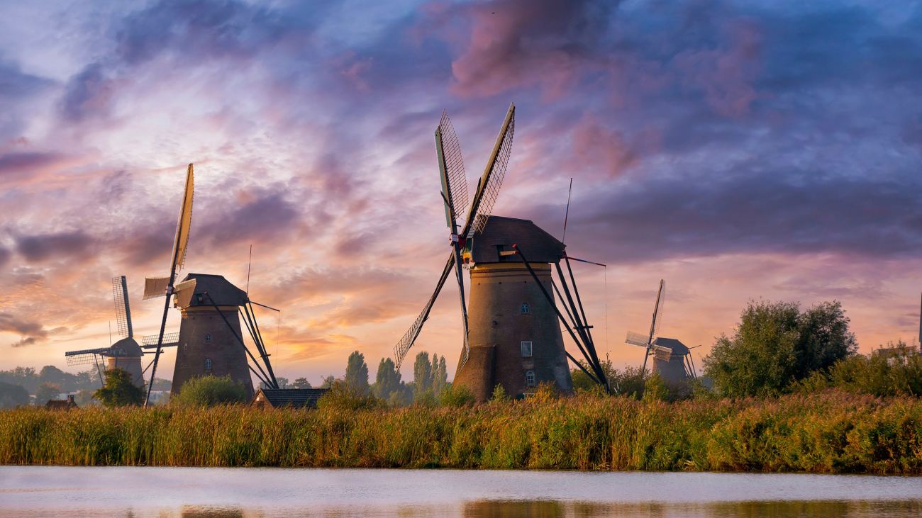 Netherlands Windmill White Blue Clouds Sky Reflection Hd Travel