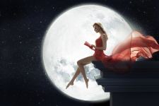 Fantasy Girl Sitting On Roof Reading Book Moon